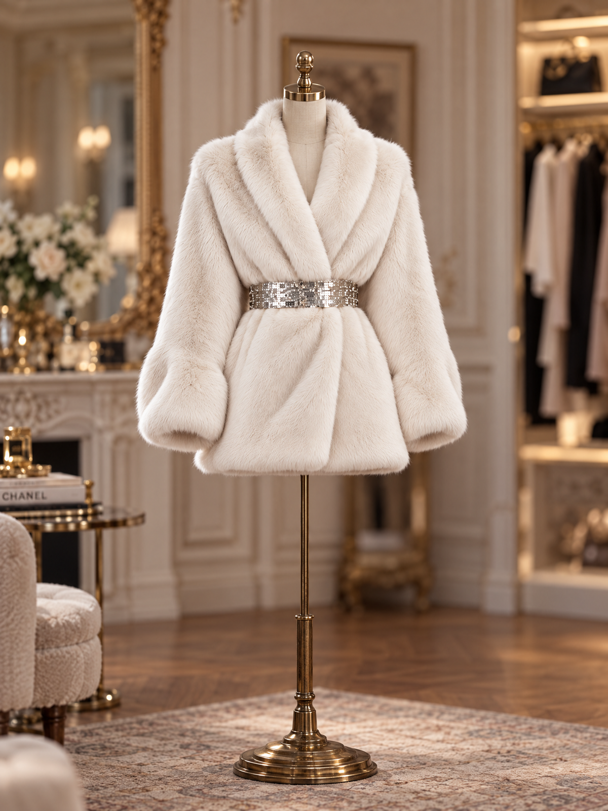 Vintage Creamy Thick Faux Fur Sequin Belt Wrap Coat
