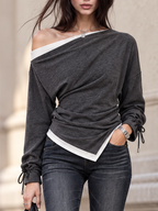 Vintage Grey Slant Neck Drawstring Cuff Layered Blouse