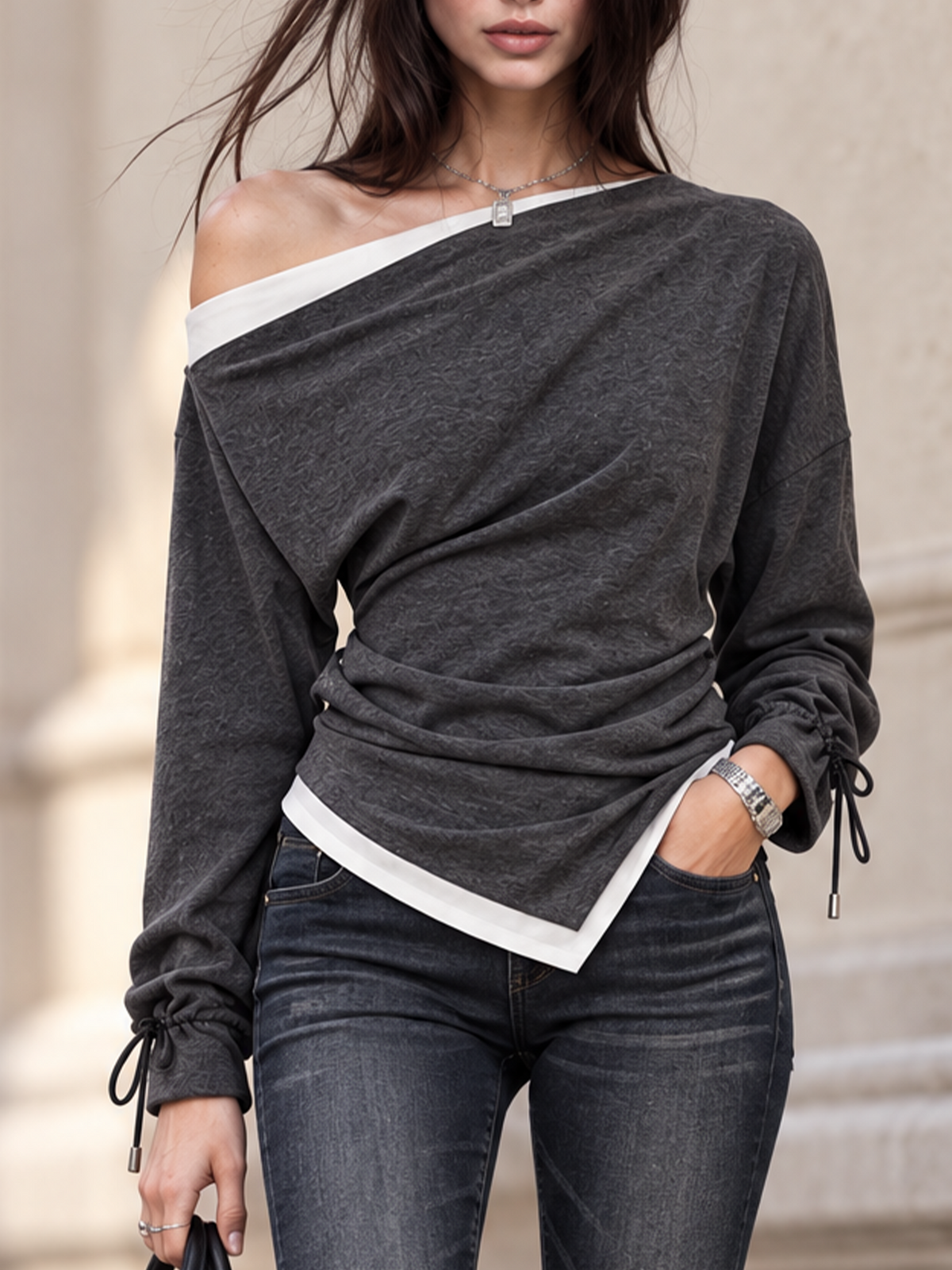 Vintage Grey Slant Neck Drawstring Cuff Layered Blouse