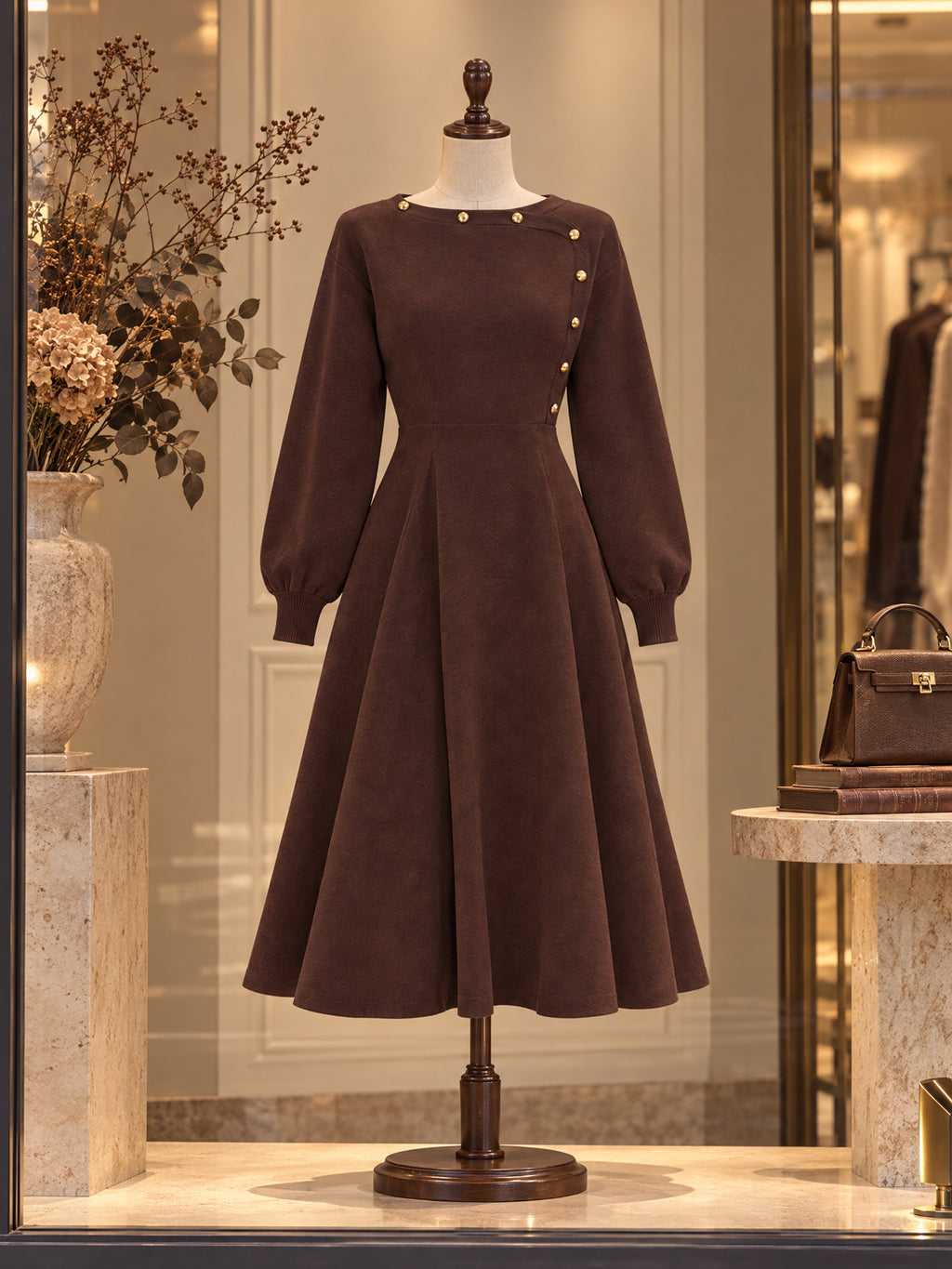 Vintage Brown Faux Suede Button Neck Midi Dress