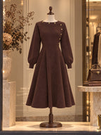 Vintage Brown Faux Suede Button Neck Midi Dress