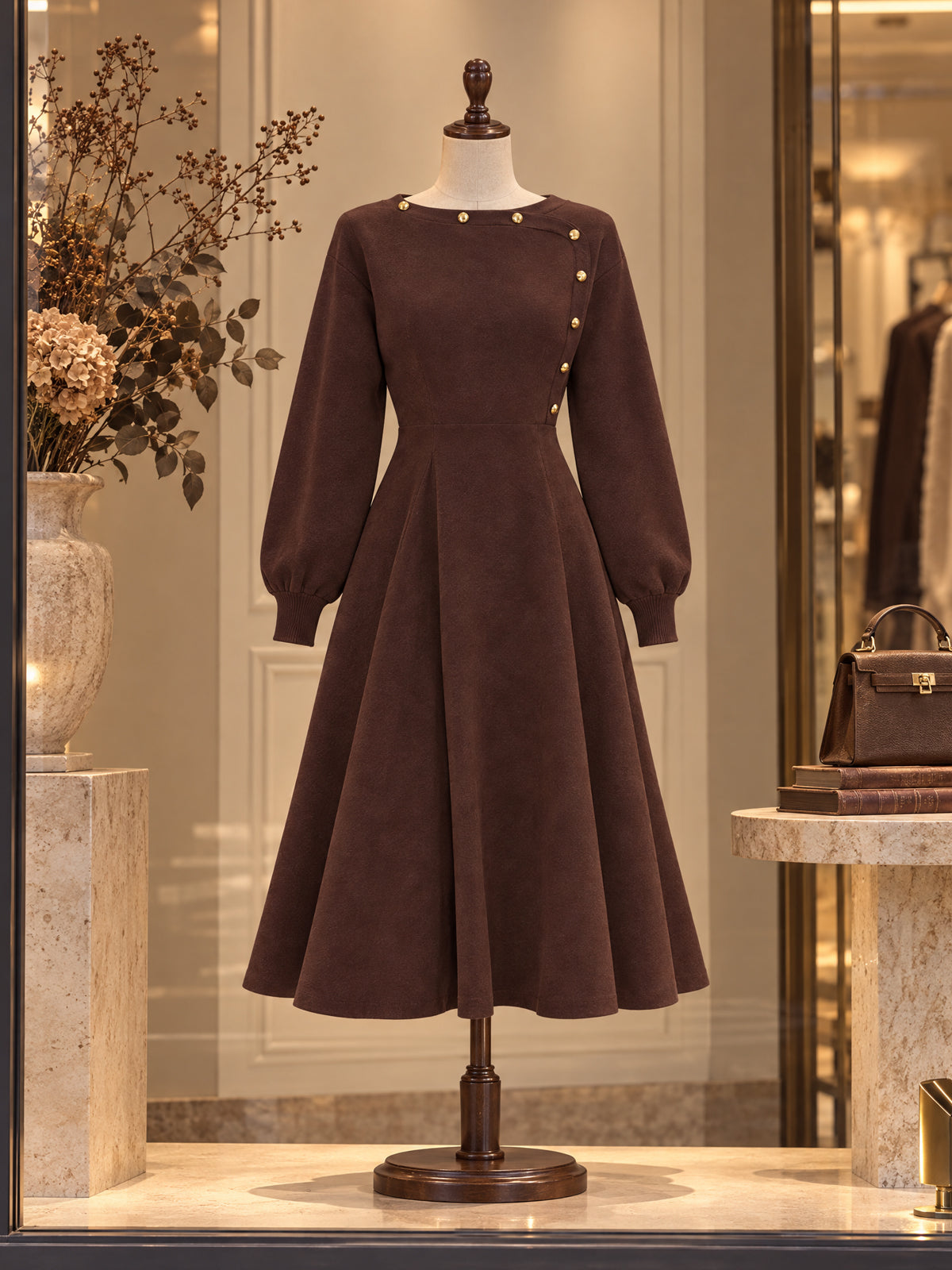 Vintage Brown Faux Suede Button Neck Midi Dress