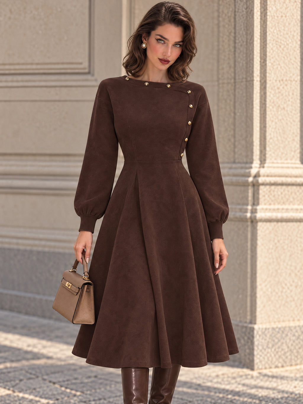 Vintage Brown Faux Suede Button Neck Midi Dress
