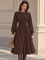 Vintage Brown Faux Suede Button Neck Midi Dress
