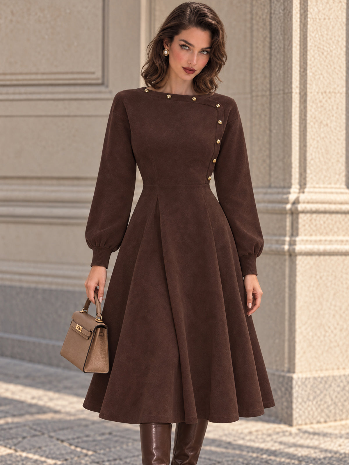 Vintage Brown Faux Suede Button Neck Midi Dress