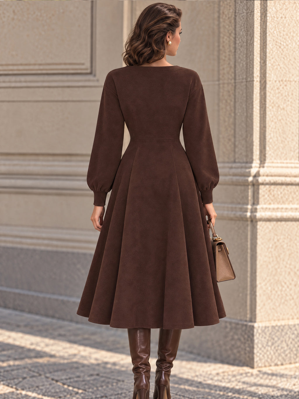 Vintage Brown Faux Suede Button Neck Midi Dress