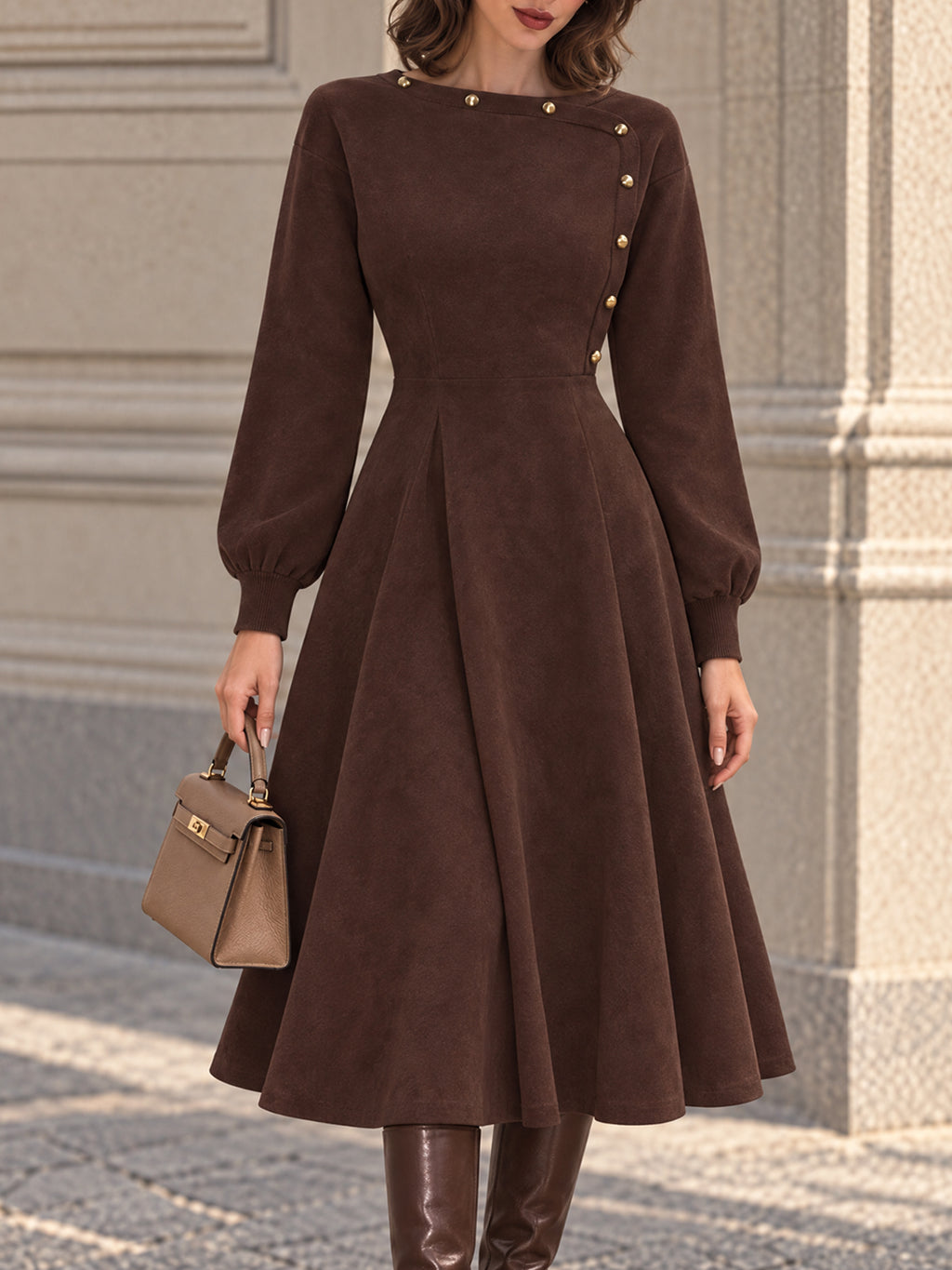 Vintage Brown Faux Suede Button Neck Midi Dress