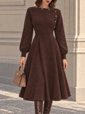 Vintage Brown Faux Suede Button Neck Midi Dress