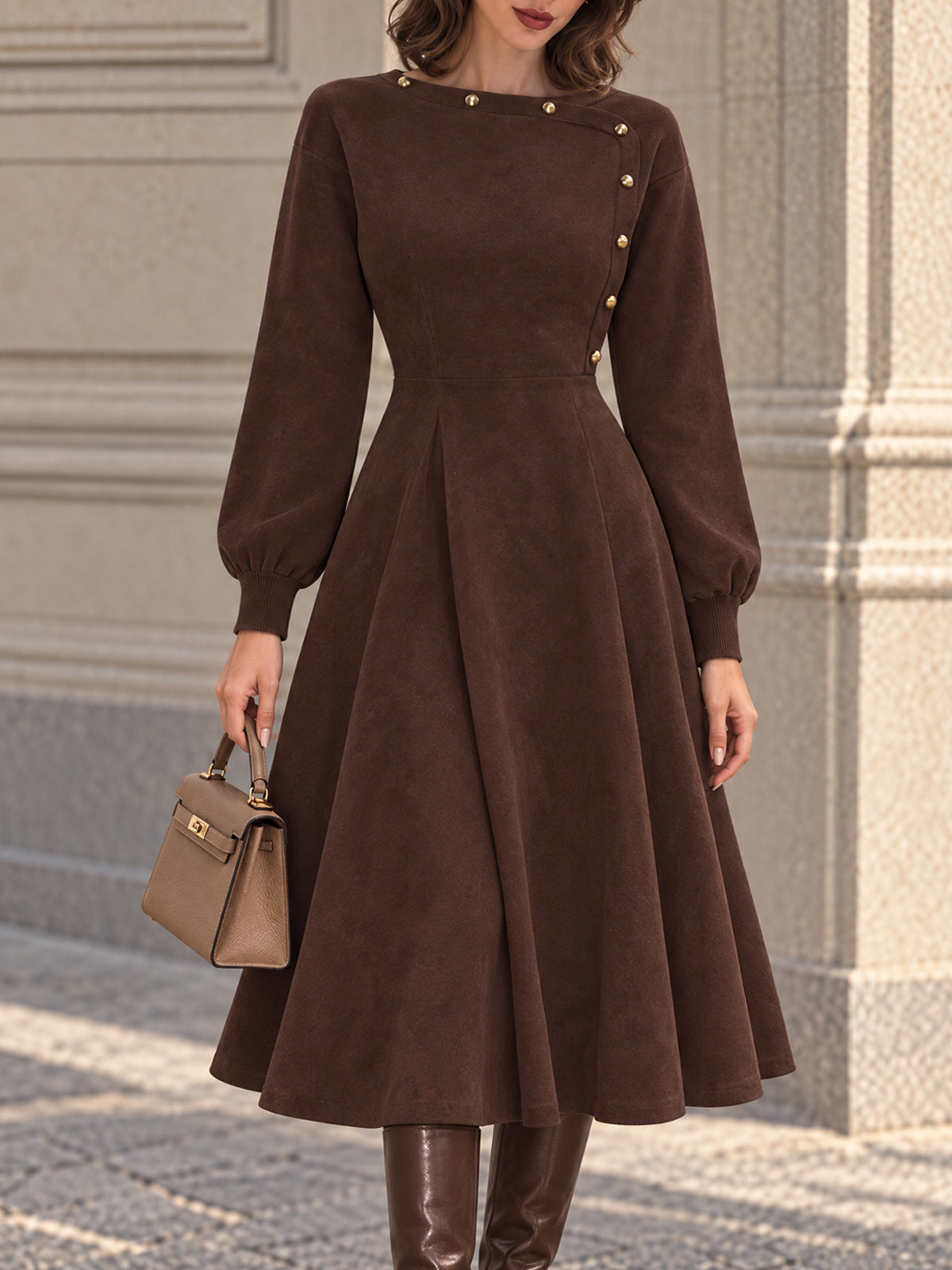 Vintage Brown Faux Suede Button Neck Midi Dress