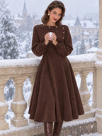 Vintage Brown Faux Suede Button Neck Midi Dress