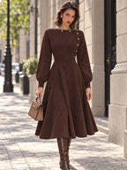 Vintage Brown Faux Suede Button Neck Midi Dress