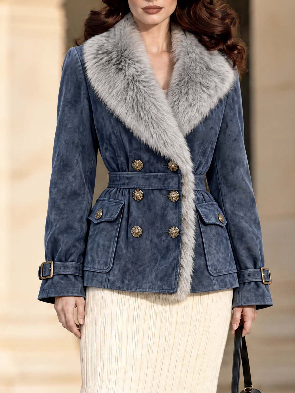 Vintage Foggy Blue Faux Suede Fur Trim Belted Jacket