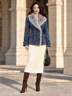 Vintage Foggy Blue Faux Suede Fur Trim Belted Jacket