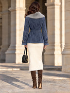 Vintage Foggy Blue Faux Suede Fur Trim Belted Jacket