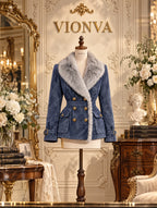 Vintage Foggy Blue Faux Suede Fur Trim Belted Jacket