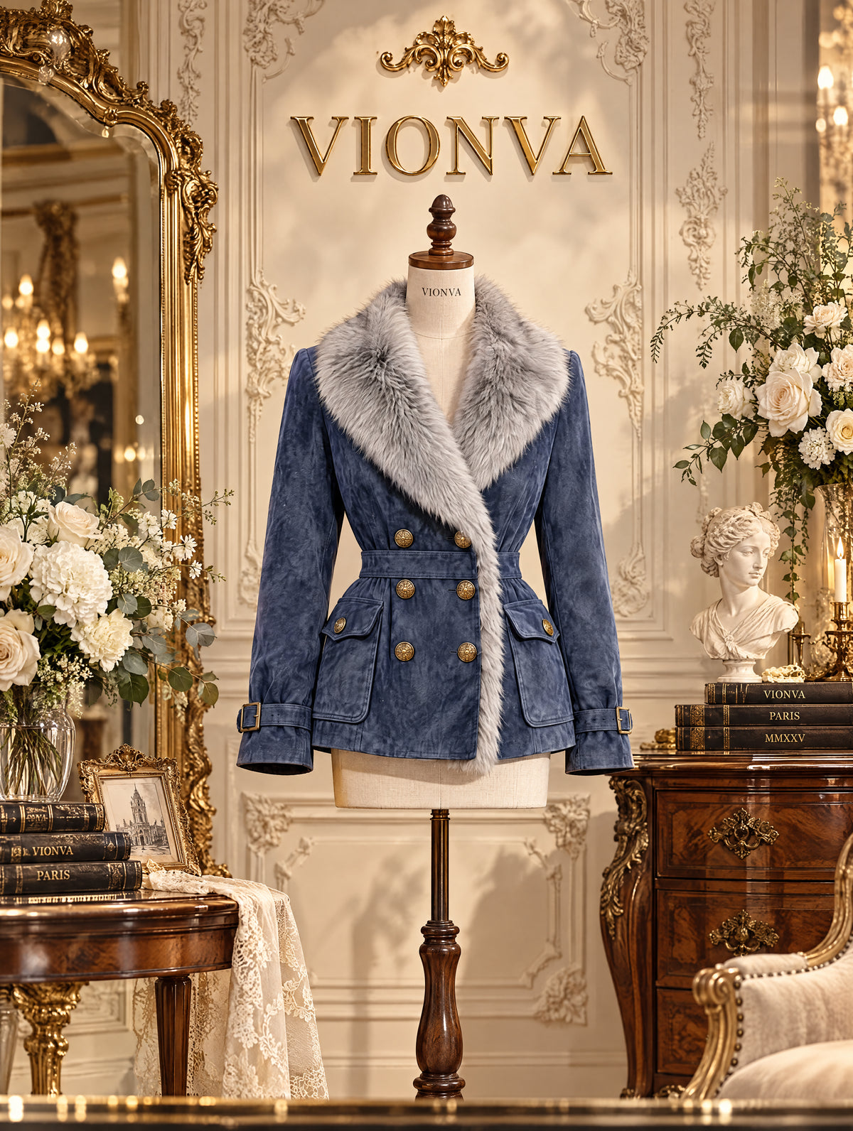 Vintage Foggy Blue Faux Suede Fur Trim Belted Jacket