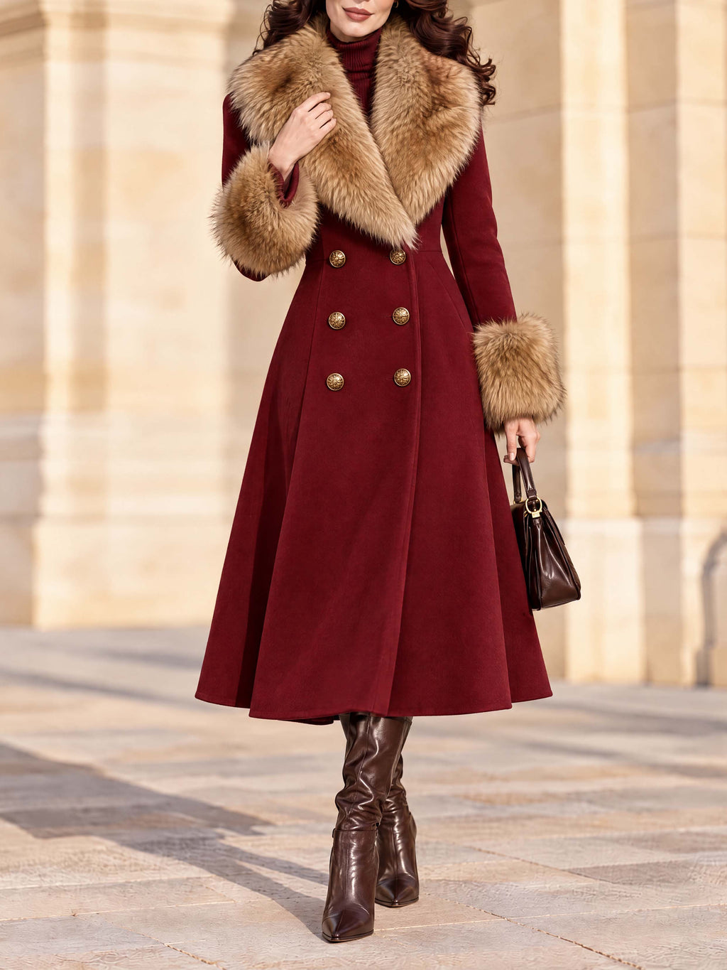 Vintage Burgundy Faux Fur Collar Maxi Wool Coat