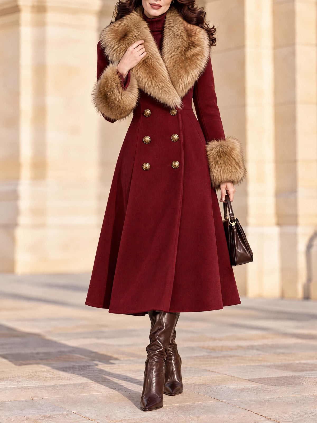Vintage Burgundy Faux Fur Collar Maxi Wool Coat