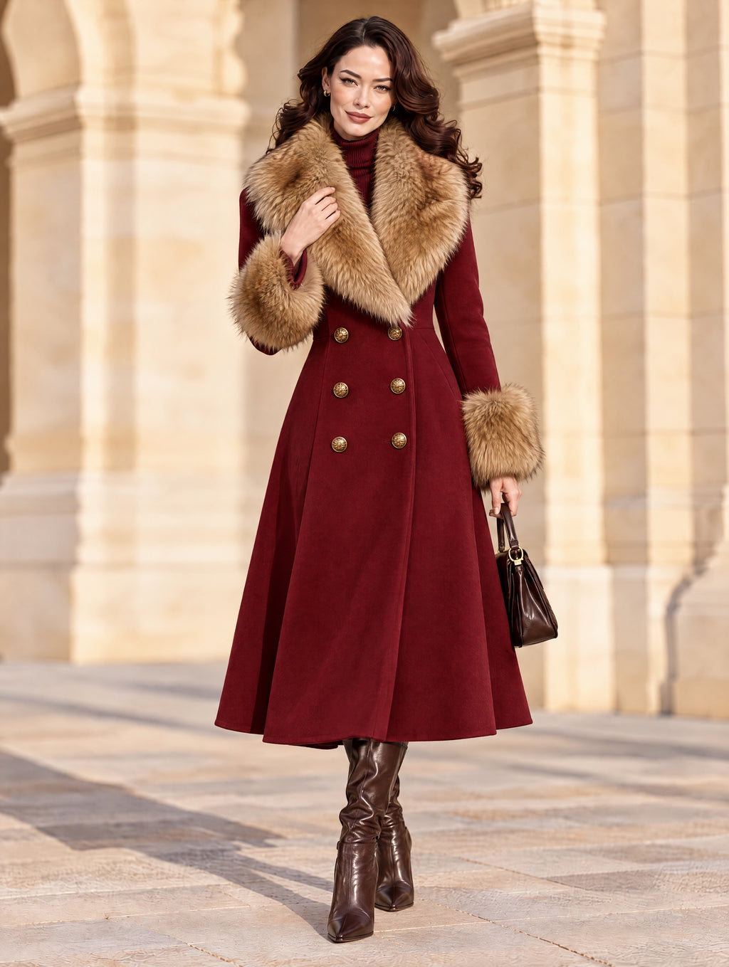 Vintage Burgundy Faux Fur Collar Maxi Wool Coat