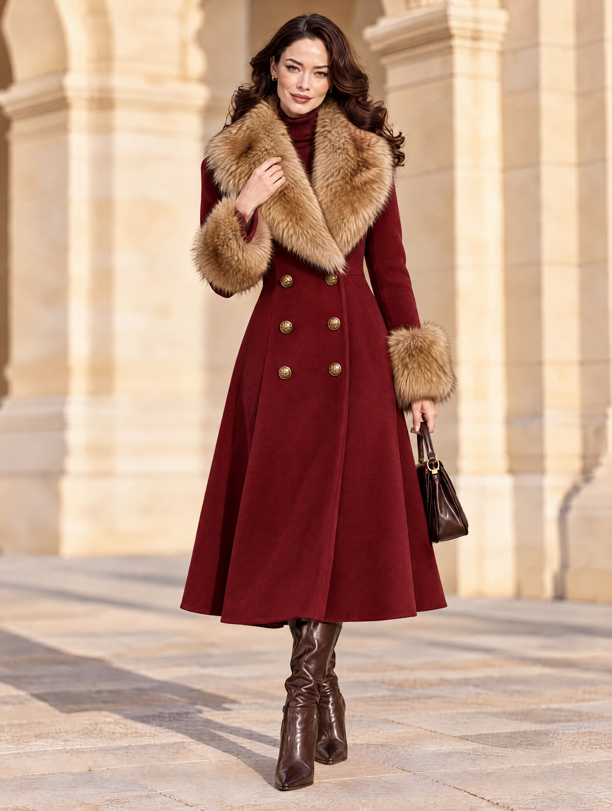 Vintage Burgundy Faux Fur Collar Maxi Wool Coat