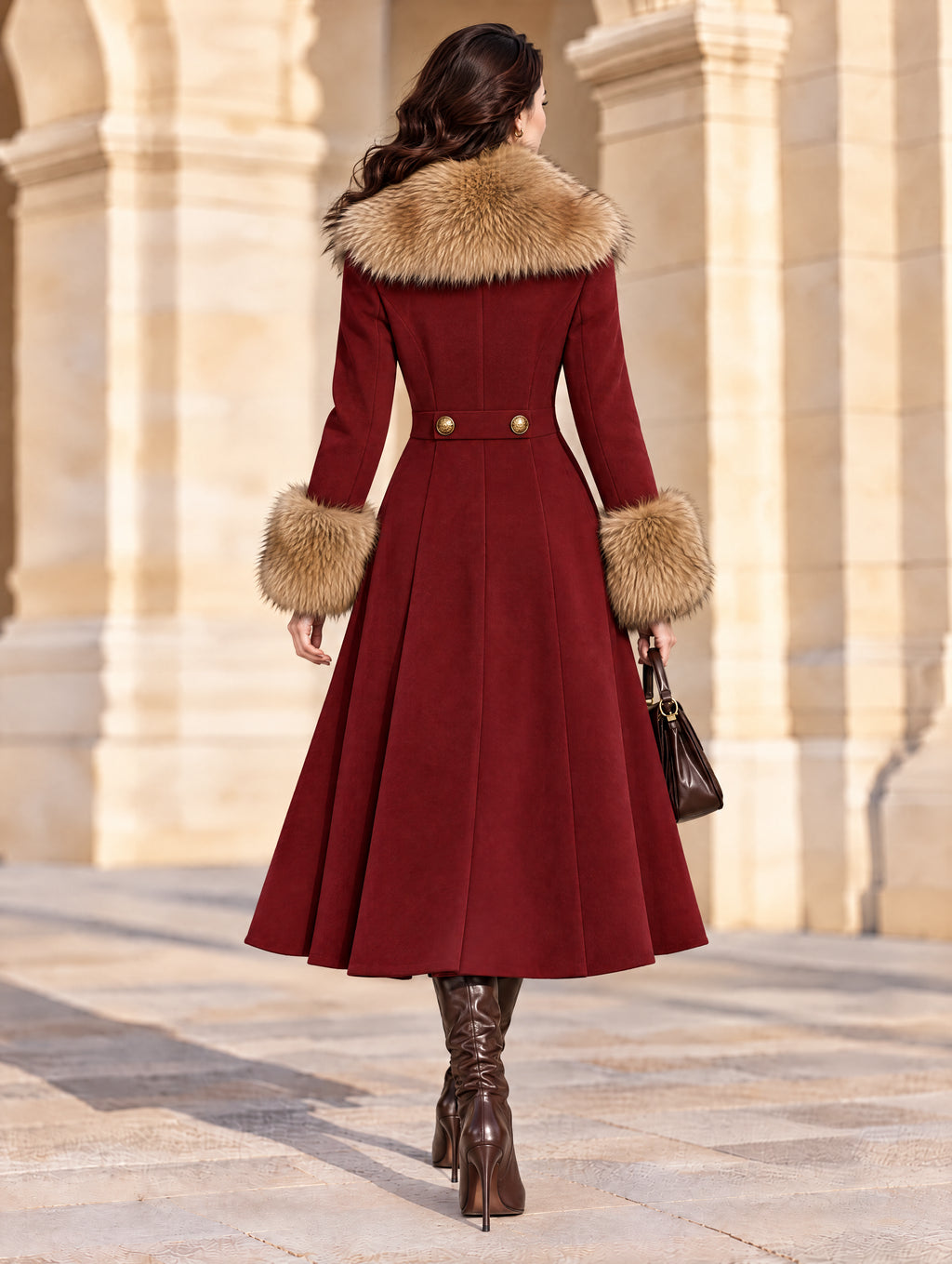 Vintage Burgundy Faux Fur Collar Maxi Wool Coat