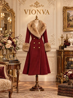 Vintage Burgundy Faux Fur Collar Maxi Wool Coat