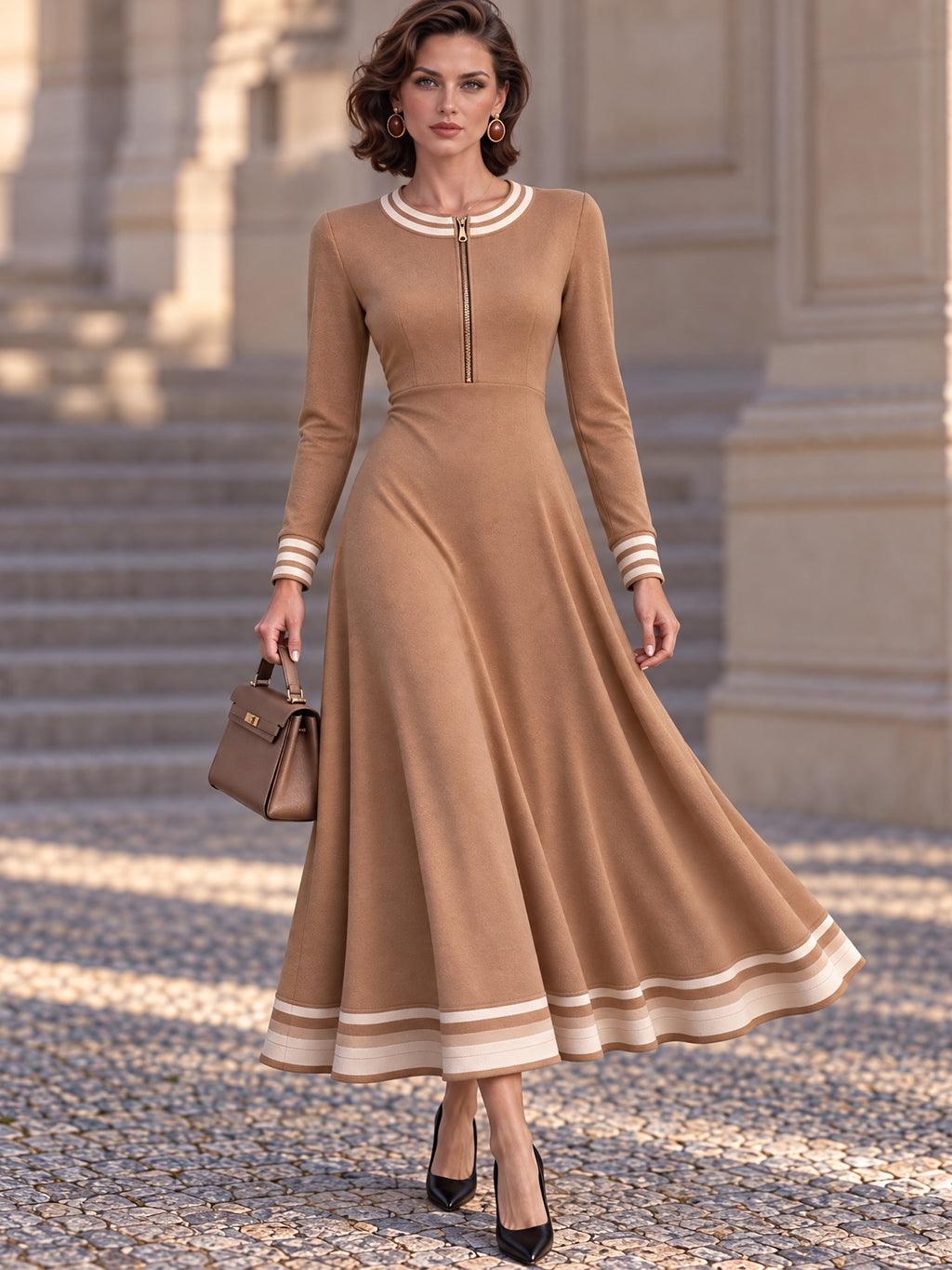 Vintage Camel Zip Neck Striped Hem Maxi Dress