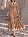 Vintage Camel Zip Neck Striped Hem Maxi Dress