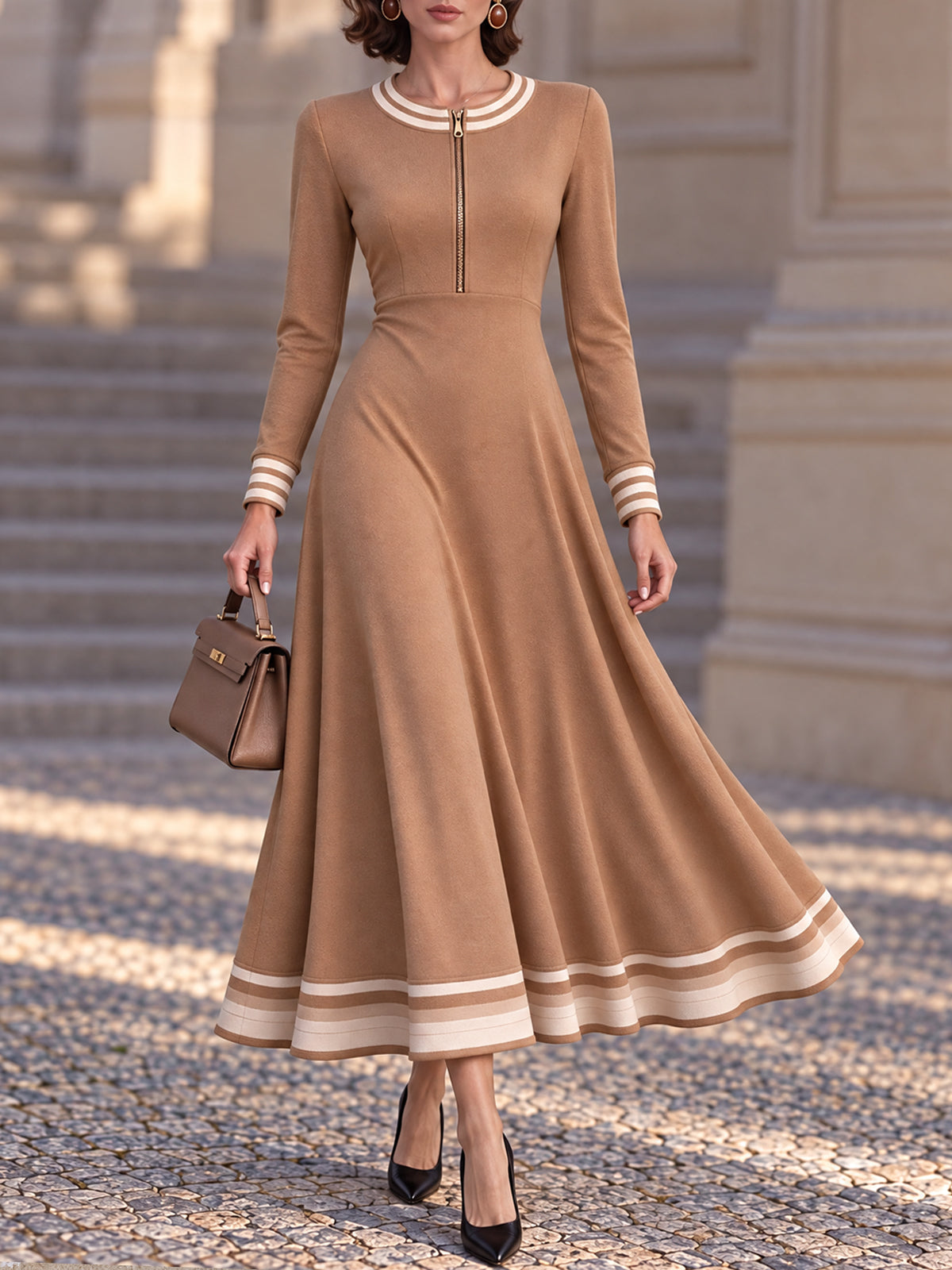 Vintage Camel Zip Neck Striped Hem Maxi Dress