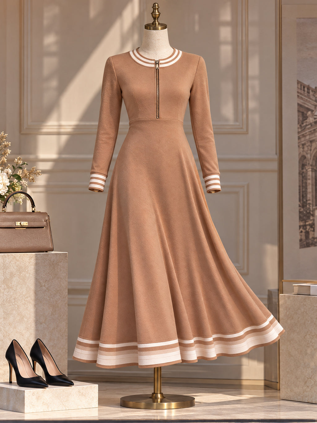 Vintage Camel Zip Neck Striped Hem Maxi Dress