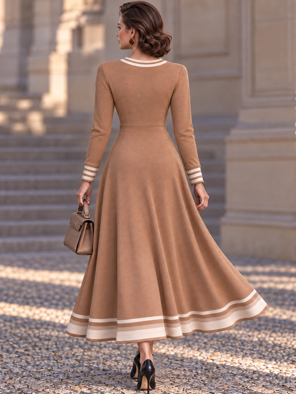 Vintage Camel Zip Neck Striped Hem Maxi Dress
