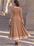 Vintage Camel Zip Neck Striped Hem Maxi Dress