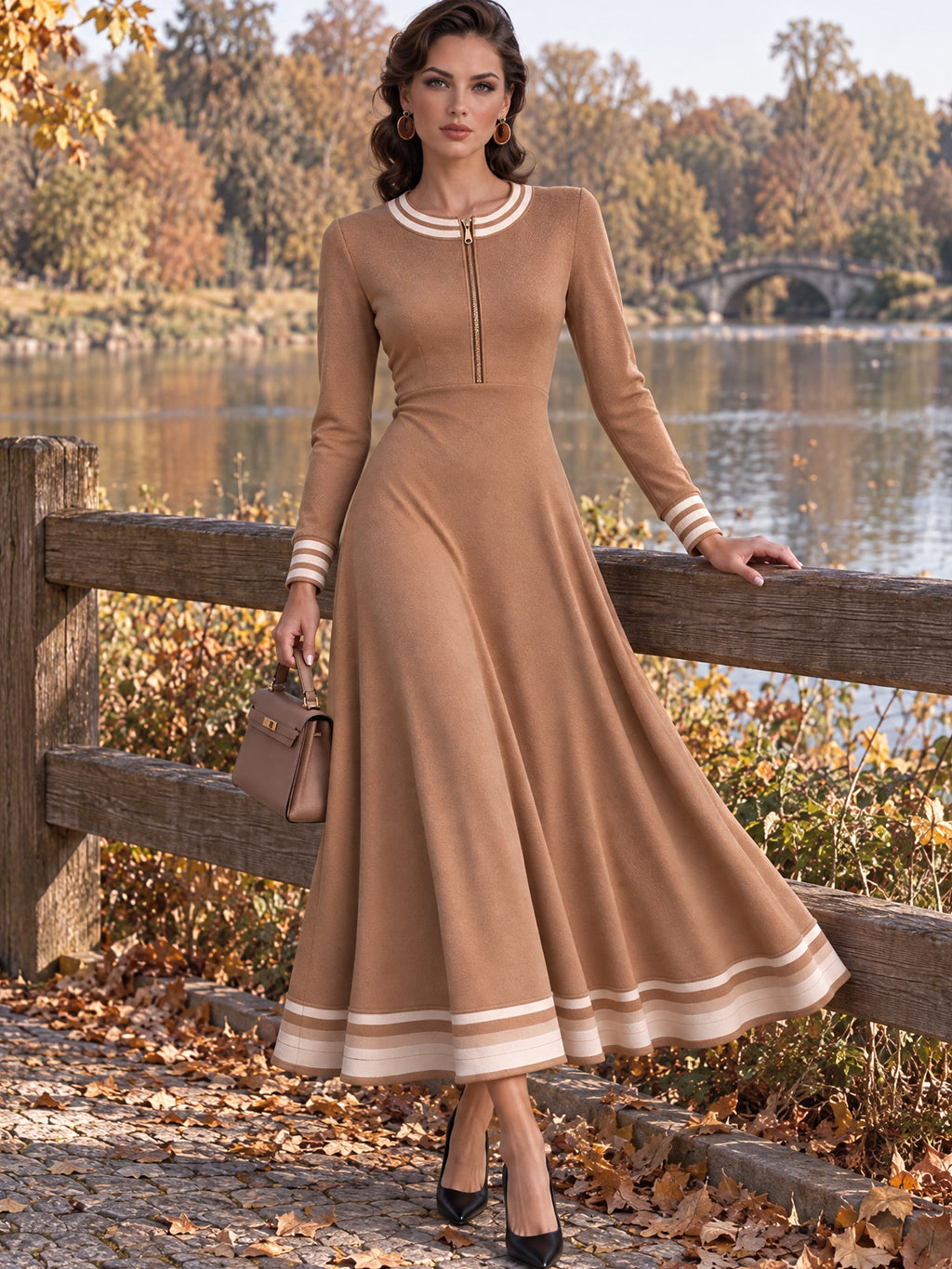 Vintage Camel Zip Neck Striped Hem Maxi Dress