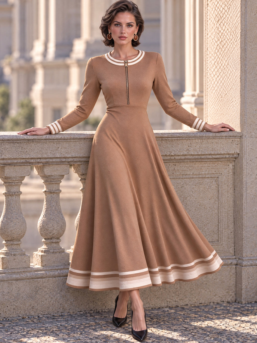 Vintage Camel Zip Neck Striped Hem Maxi Dress