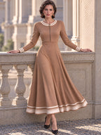Vintage Camel Zip Neck Striped Hem Maxi Dress