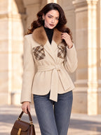 Vintage Fur Collar Plaid Patch Pocket Belted Wool Jacket