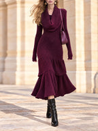 Vintage Cowl Neck Knit Mermaid Midi Dress In Grape Purple