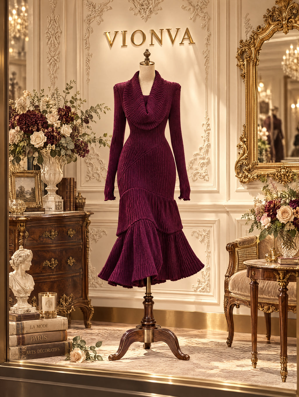 Vintage Cowl Neck Knit Mermaid Midi Dress In Grape Purple