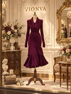 Vintage Cowl Neck Knit Mermaid Midi Dress In Grape Purple