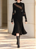 Vintage Sheer Cutout Rib Knit Midi Mermaid Dress In Black