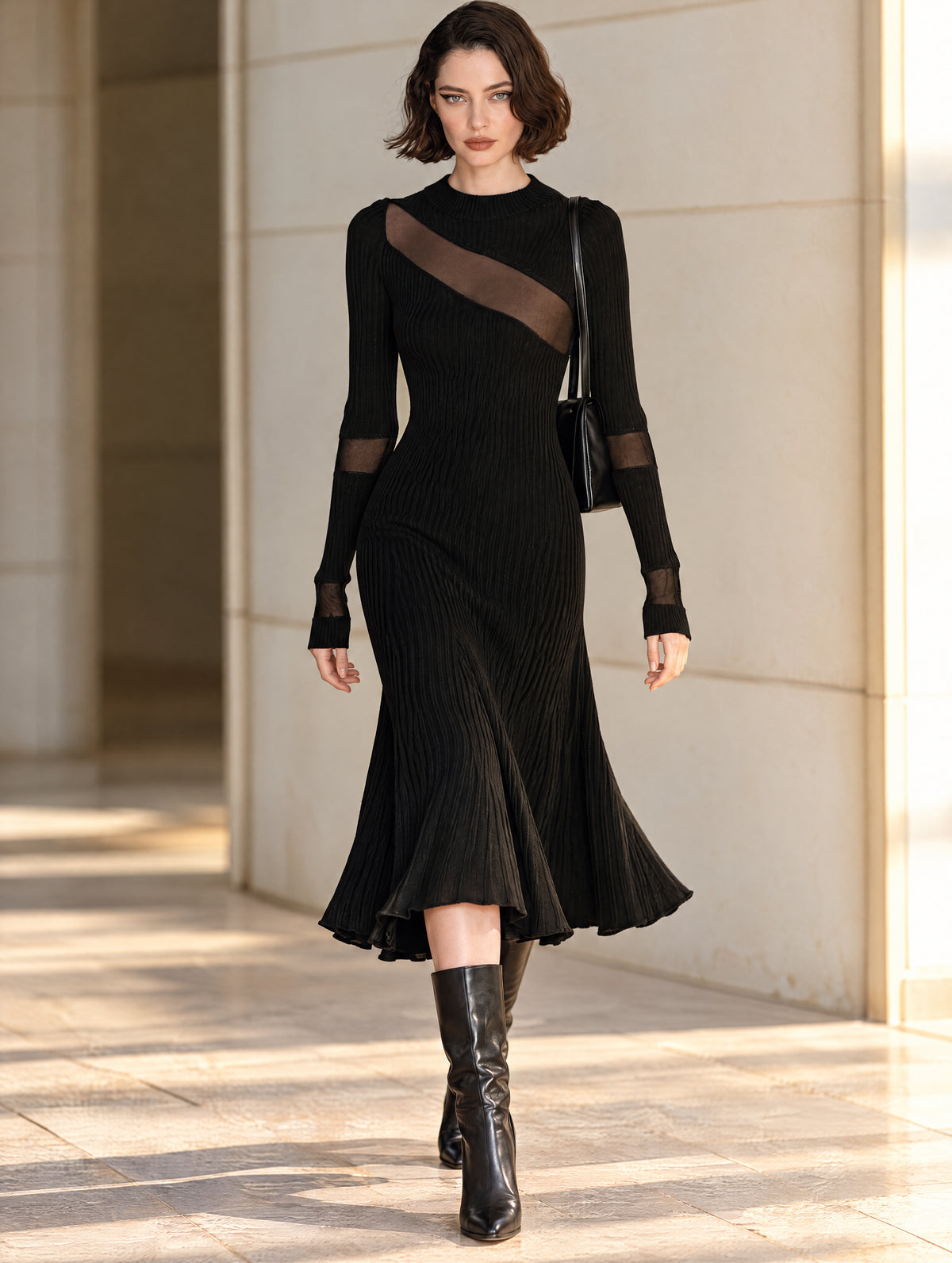 Vintage Sheer Cutout Rib Knit Midi Mermaid Dress In Black