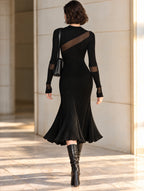 Vintage Sheer Cutout Rib Knit Midi Mermaid Dress In Black