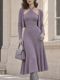 Vintage Elegant Halter Rib Knit Two Piece Midi Dress