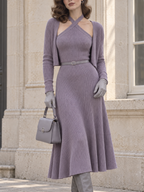 Vintage Elegant Halter Rib Knit Two Piece Midi Dress