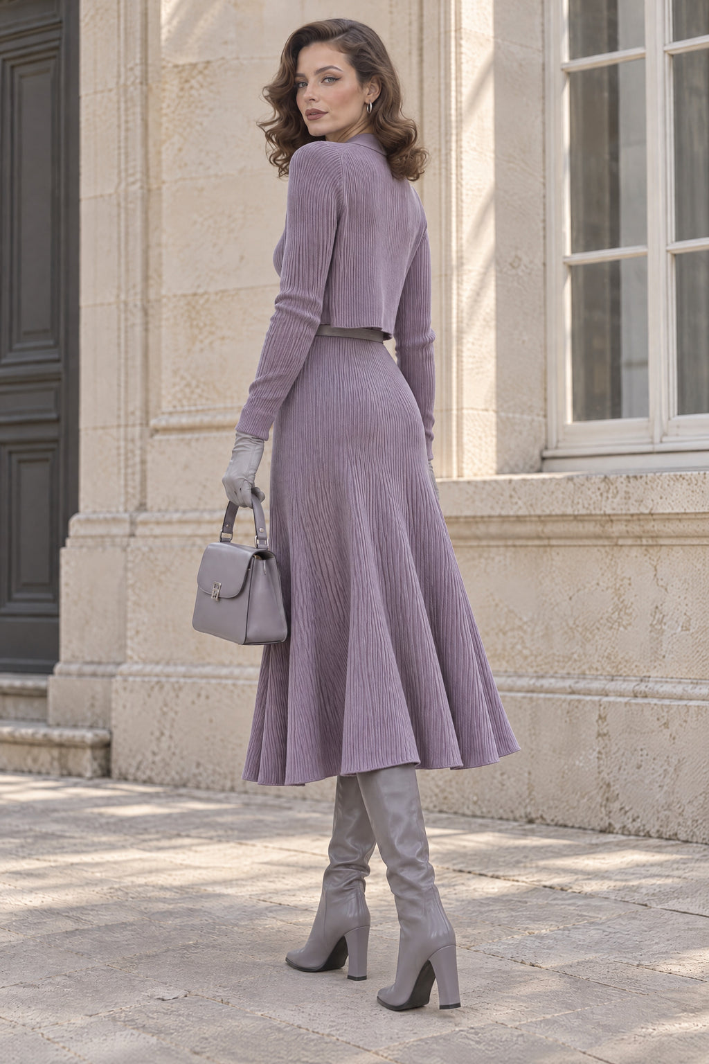 Vintage Elegant Halter Rib Knit Two Piece Midi Dress