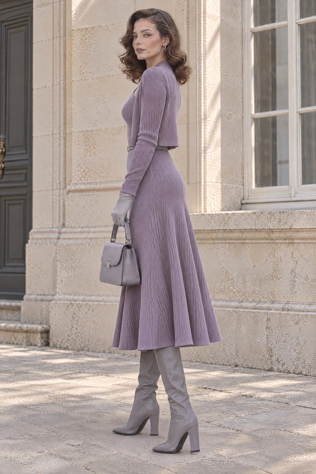 Vintage Elegant Halter Rib Knit Two Piece Midi Dress