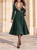 Vintage Faux Fur Collar Wrap Midi Dress In Dark Forest Green