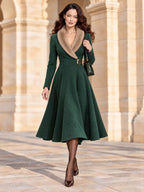 Vintage Faux Fur Collar Wrap Midi Dress In Dark Forest Green