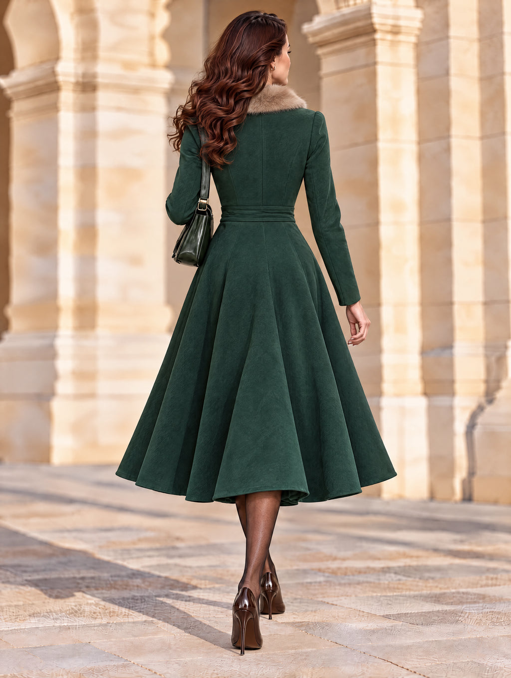 Vintage Faux Fur Collar Wrap Midi Dress In Dark Forest Green