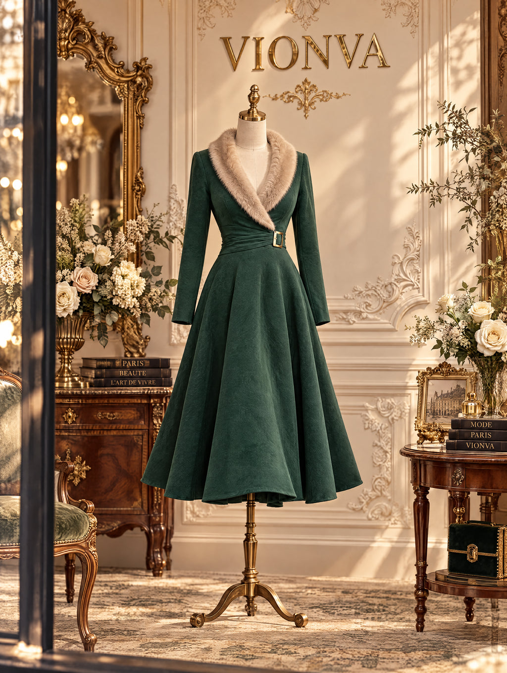 Vintage Faux Fur Collar Wrap Midi Dress In Dark Forest Green